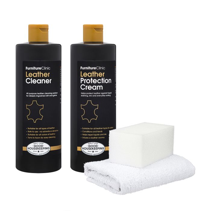Furniture Clinic Large Leather Care Kit | Leather Cleaner + Conditioning  Protection Cream for Furniture | Two 17oz Bottles + 1 Sponge & 1 Cloth 